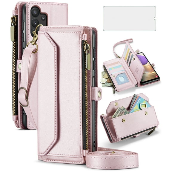 Compatible with Samsung Galaxy A32 5G 2021 6.5 inch Zipper Wallet Phone Case Tempered Glass Screen Protector Crossbody Lanyard Strap Flip Card Holder Slot Cell Cover for M32 A 32 32A Women Rose Gold