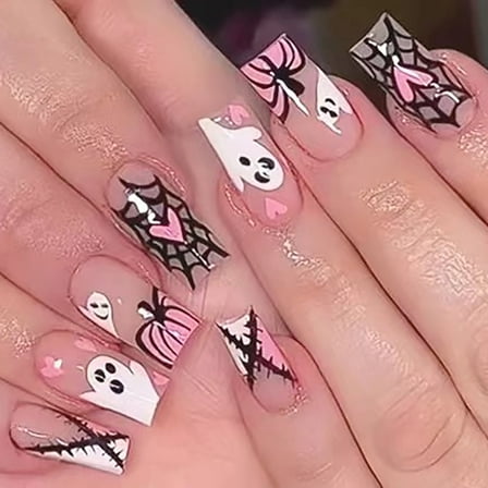 Yoyauz 24pcs French Square Pressed Long Nail Fake Nails With Halloween Elements, Pink Nails With Diamond Pumpkin Design, Charming Acrylic Nails, Suitable For Halloween Girls And Ladies