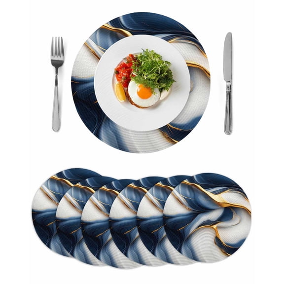 Navy Blue Marble Round 15 Inch Placemats Set of 6, Gold Modern Art HeatResistant Non Slip Place Mats for Dining Table, Wipeable Braided Kitchen Table Mats for Housewarming