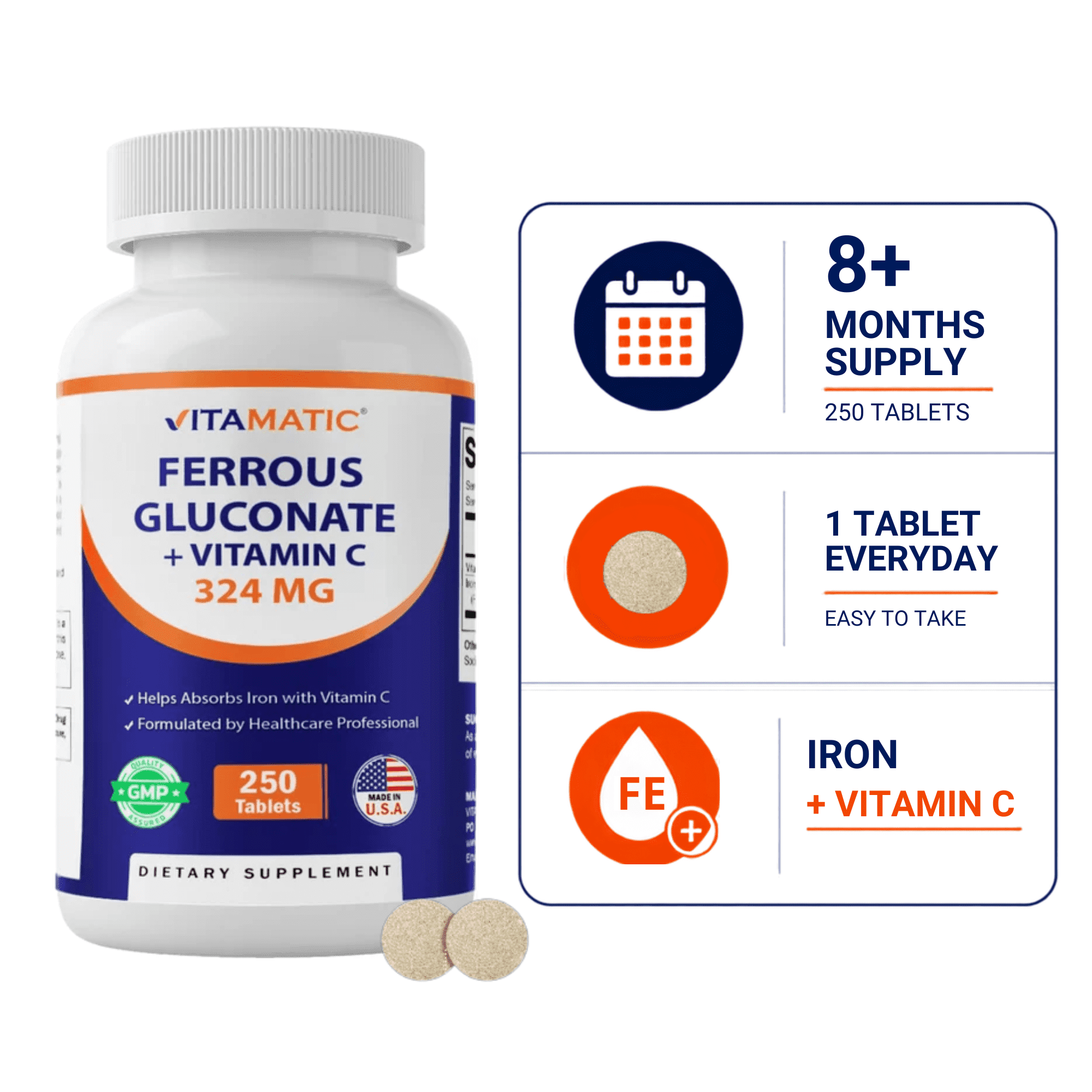Vitamatic Ferrous Gluconate 324 mg + Vitamin C 100 mg - (65 mg Elemental Iron) High Potency Iron Supplement - No Artificial Color Additives - Gentle on Stomach - 250 Tablets - Made in USA