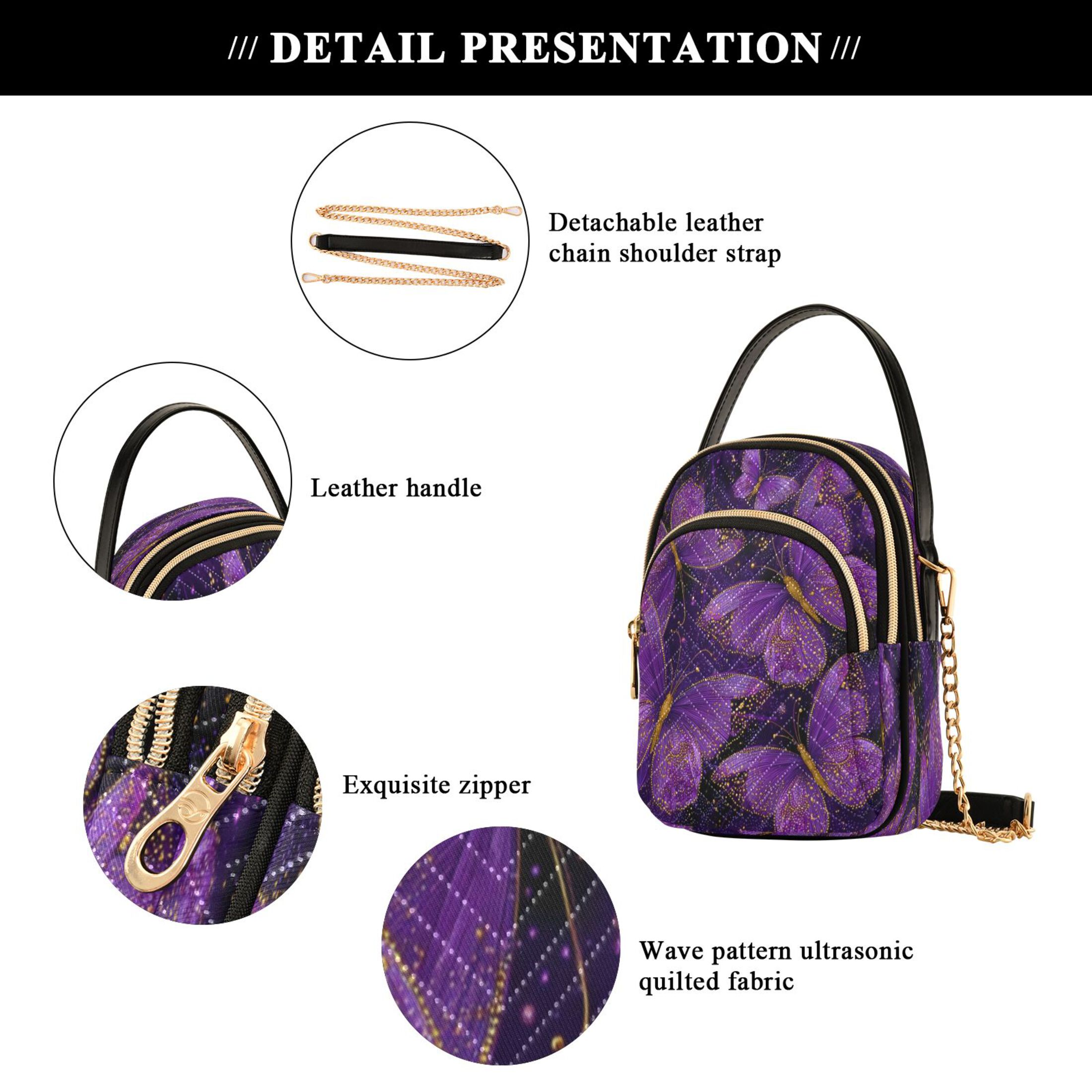 Quilted Women's Crossbody Bag Purses and Handbags with Detachable Leather Strap Glowing Purple Butterfly