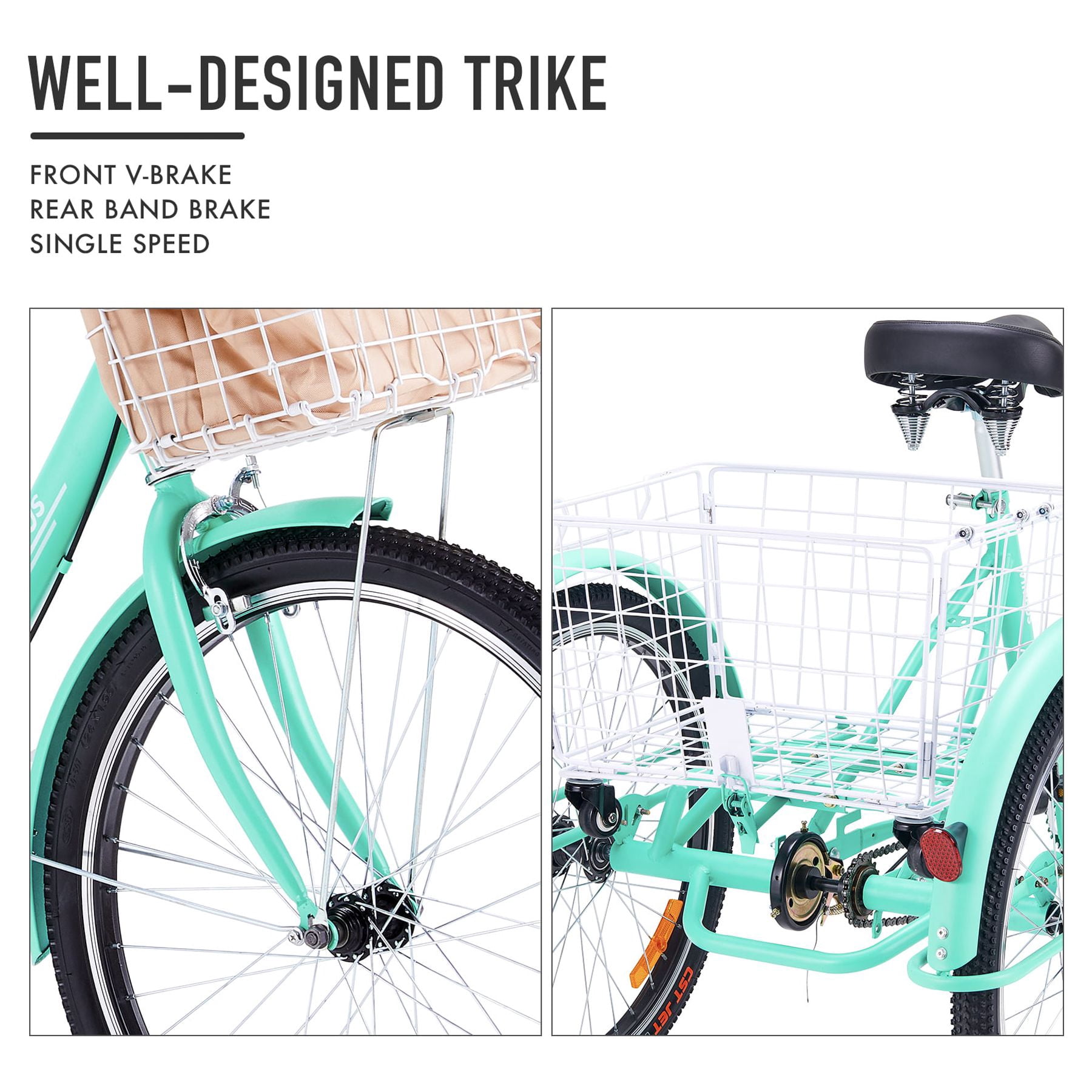 Viribus 24 Inch Adult Tricycle 3 Wheels Cruiser Bike w Removable Wheeled Basket, Dustproof Bag for Cycling Shopping Picnic for Men & Women, Light Green