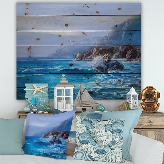 Designart 'Sunrise Glow On Sea Wave Paints On A Canvas' Nautical & Coastal Print on Natural Pine Wood