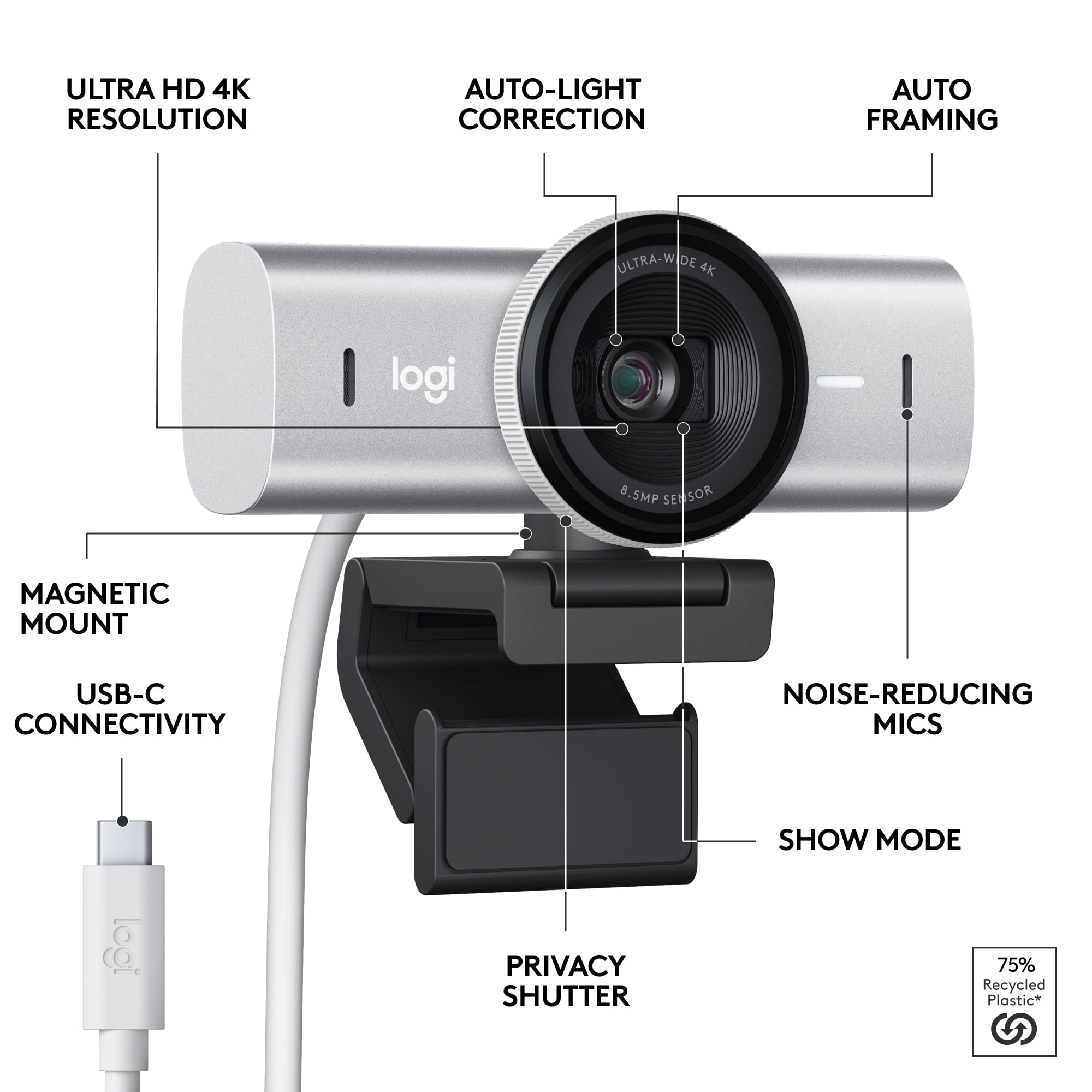 Logitech MX Brio Ultra HD 4K Collaboration and Streaming Webcam, 1080p at 60 FPS, Dual Noise Reducing Mics, Show Mode, Pale Gray
