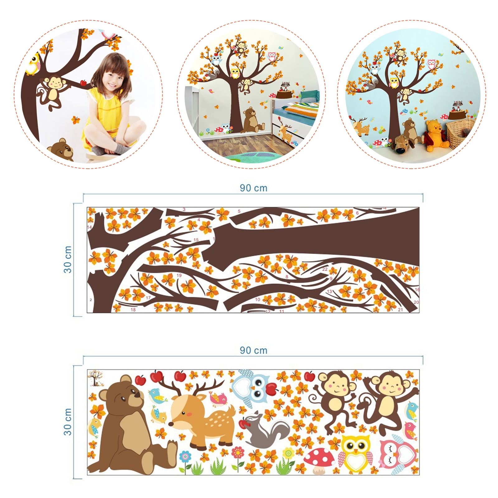 Cartoon Wall Stickers Forest Tree Animal Owl Monkey Bear Baby Kid Room New