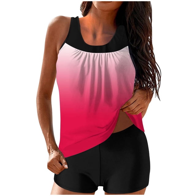 FAVIPT Womens Tummy Control Bathing Suit Two Piece Printed Swimsuits Modest Athletic Tank Top with Shorts 2026 Watermelon Red,M