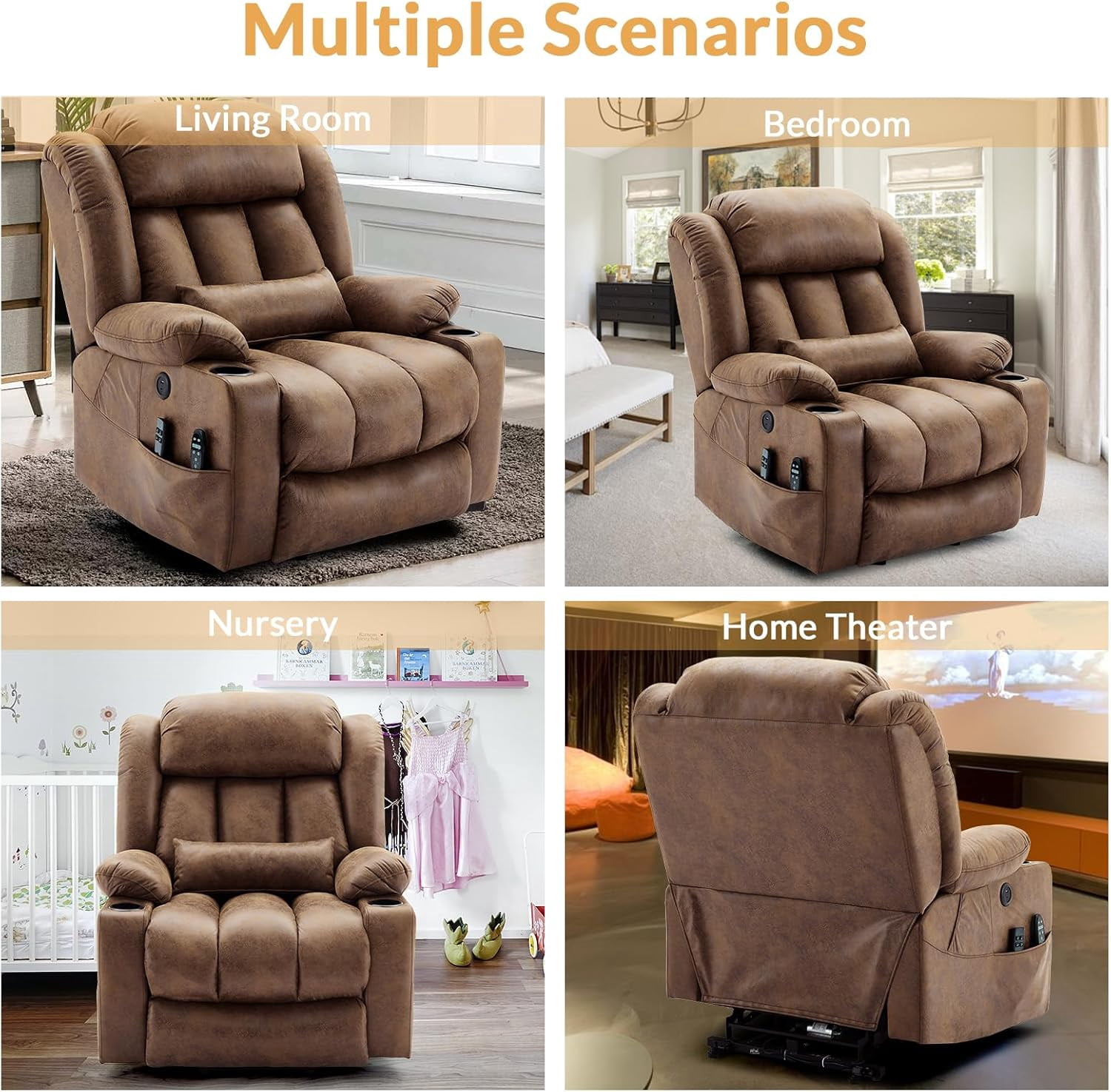 Oversized Dual Motor Power Lift Recliner for Elderly, Extended Footrest, Large Infinite Position Lay Flat Chair for Living Room with Massage & Heat, Lumbar Pillow, USB & Type-C Ports, Brown