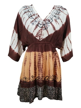 Mogul Womens Mini Dress Brown Tie Dye Rayon Hippy Boho Chic Sundresses