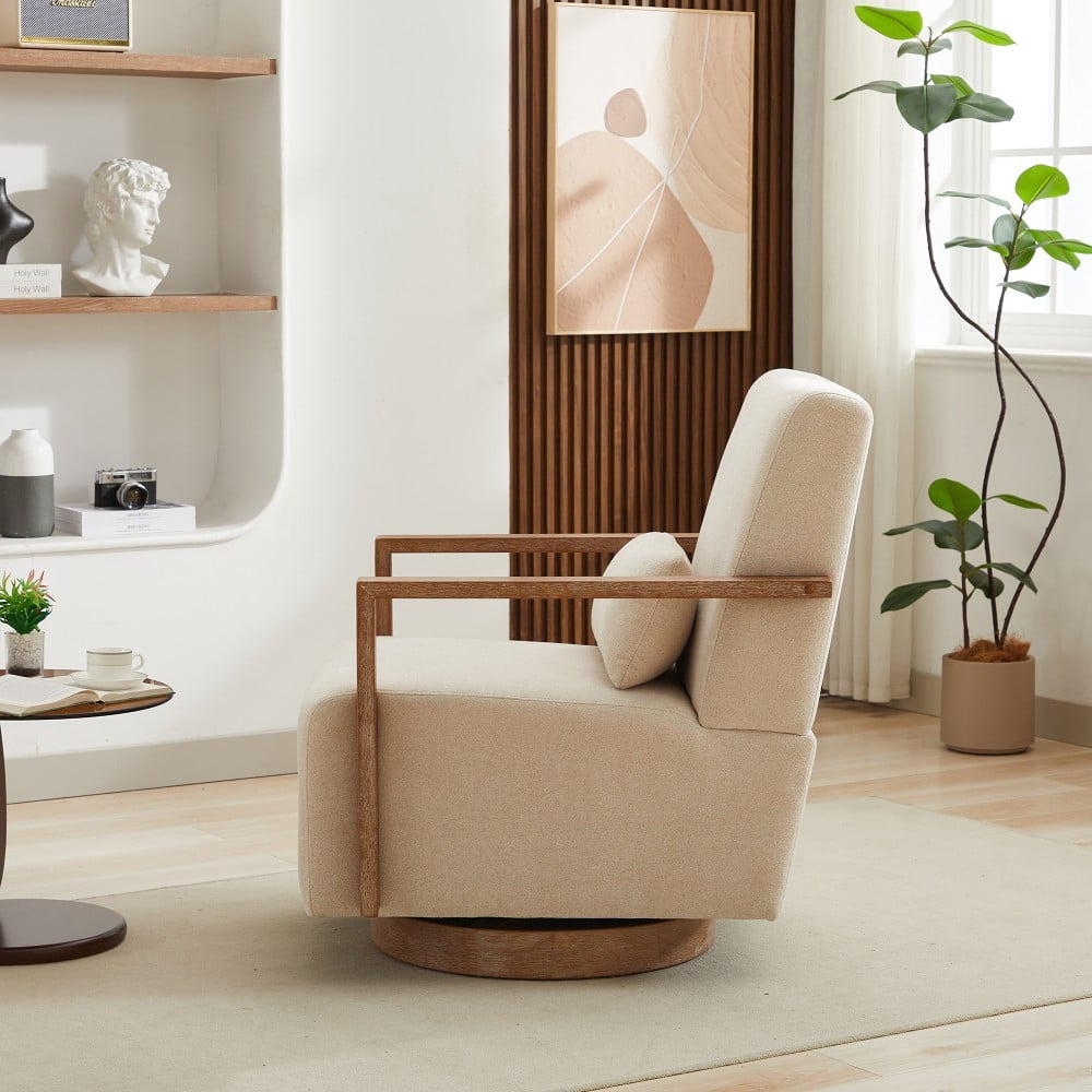 Swivel Accent Chair, 360 Degree Modern Upholstered Lounge Chair with Solid Wood Armrests, Linen Blend Fabric, Comfy Reading Chair for Living Room, Bedroom & Office, Beige