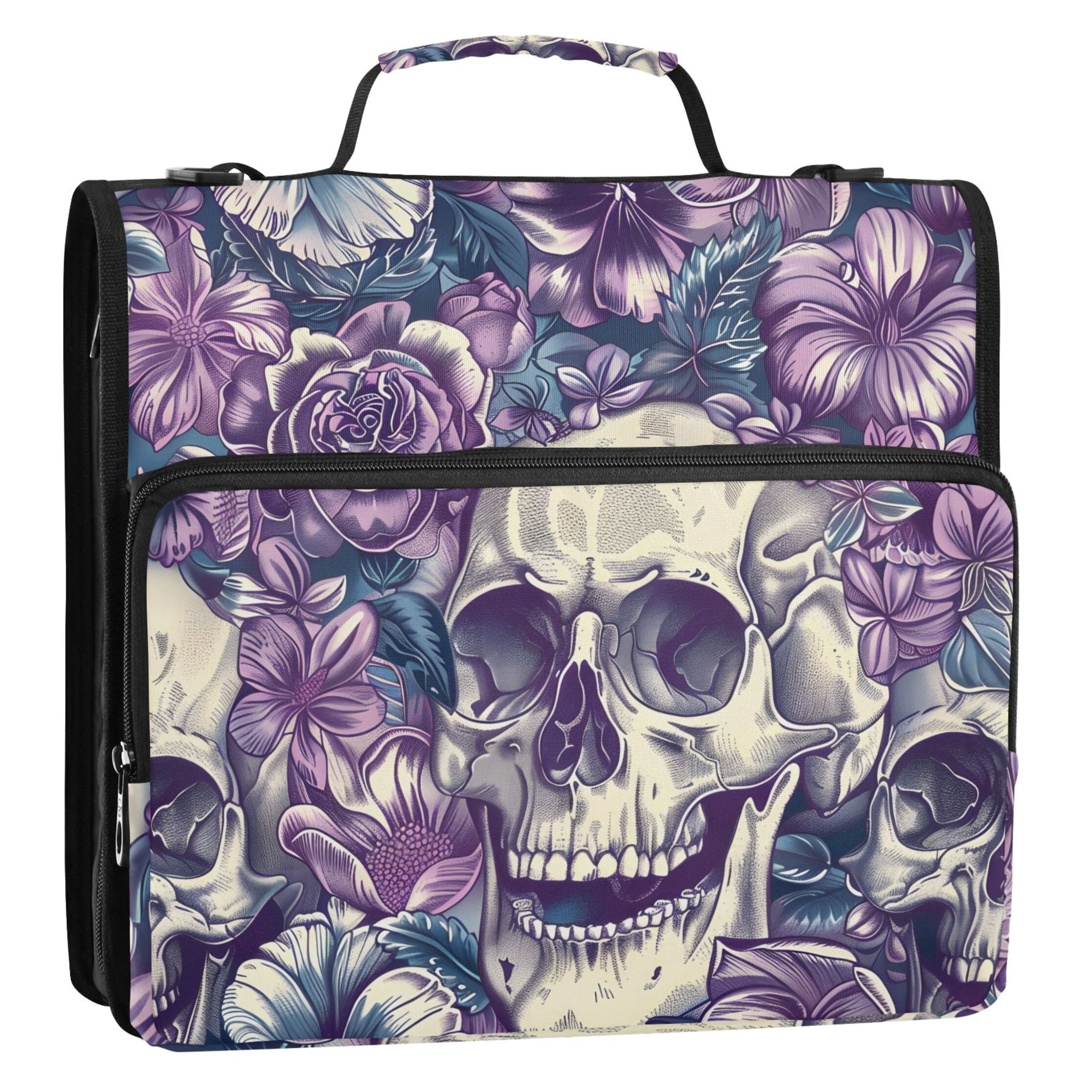 ALAZA Zipper Binder Skull Purple Flowers 3 Ring Trapper Keeper File Folder Organizer Bag