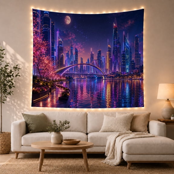 Futuristic Cityscape with Illuminated Bridge and Blooming Trees, Dreamy Illustration for Space Lovers, Digital Art Cityscape, Housewarming Gift Tapestry Wall Hanging for Living Room and Bedroom