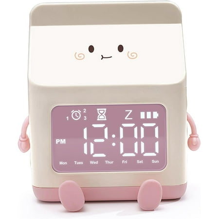 Tyenaza Fun Milk Box Alarm Clock, Student Countdown Cartoon Alarm Clock Children Digital Cute Wake Up Alarm Clock for Bedroom Room Decor (Pink) P