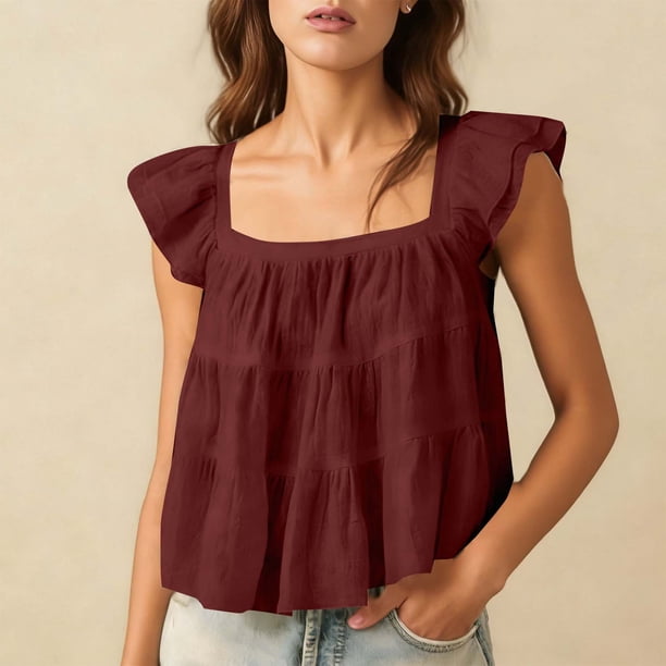 TaTaai Women's Casual Summer Top Square Neck Short Sleeve Flutter Sleeve Linen Fabric Solid Color Cropped Casual Blouse Gift