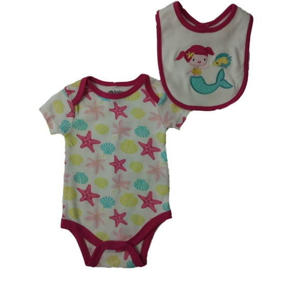 Infant Girls Pink Mermaid Fish Starfish Bib & Bodysuit 2-PC Outfit