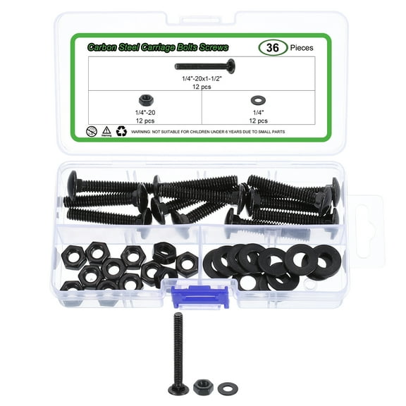 12 Set Carriage Bolts and Nuts Kit, 1/4"-20x1-1/2" Carbon Steel Round Head Square Neck Carriage Bolts Screws and Hex Nuts and Flat Washers - Black