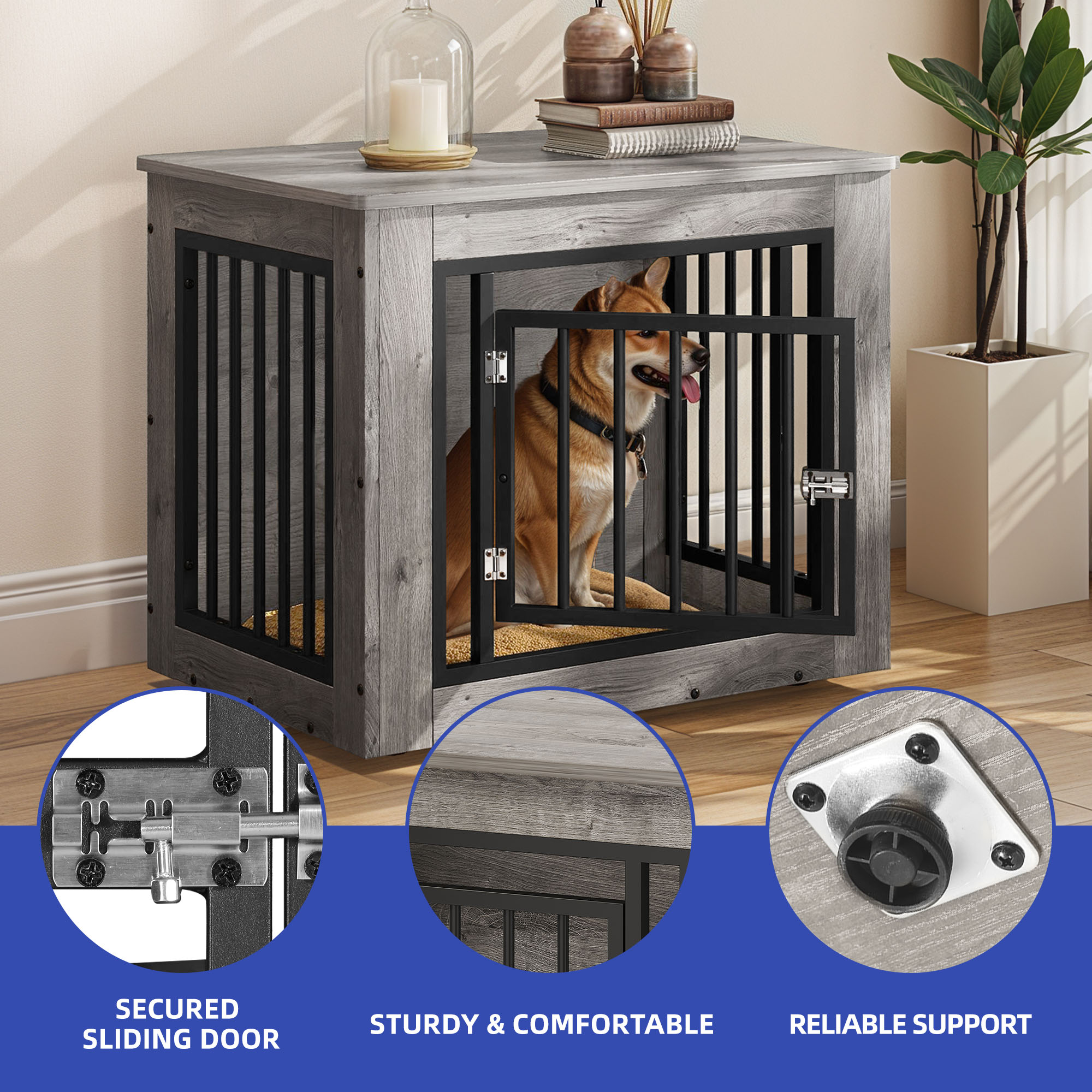 ModFusion Small Gray Iron-Wood Dog Crate Furniture, Indoor Kennel with End Table Design, Secure Front Door & Top Storage Shelf, for Dogs up to 35 lbs