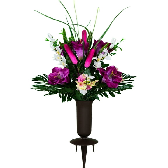 Sympathy Silks Artificial Cemetery Flowers Plum Amaryllis and Pink Cattail Bouquet for a Vase