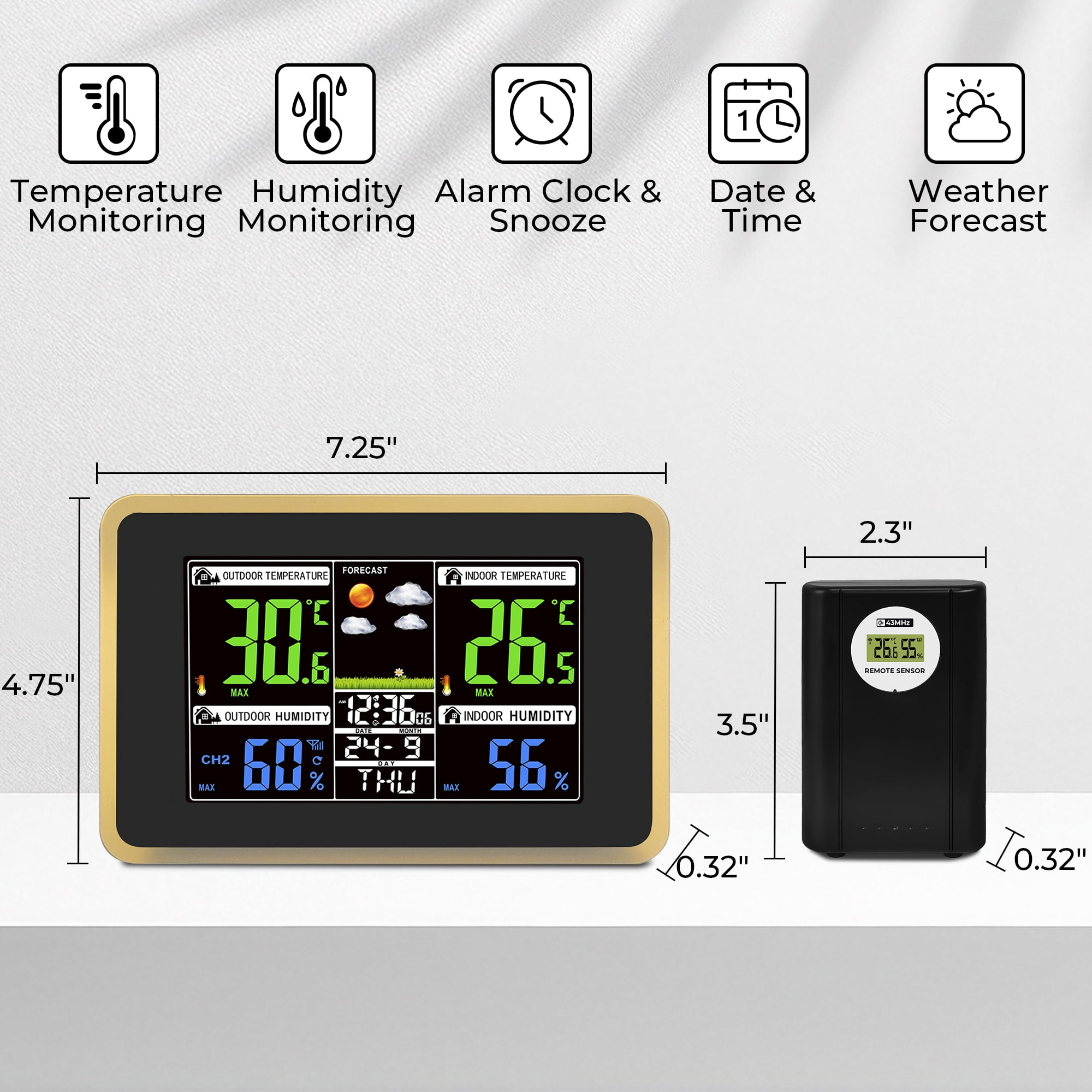 AOLIGO Wireless Weather Station, Color Display with Indoor Outdoor Thermometer, Forecast, Alarm and Calendar, Black