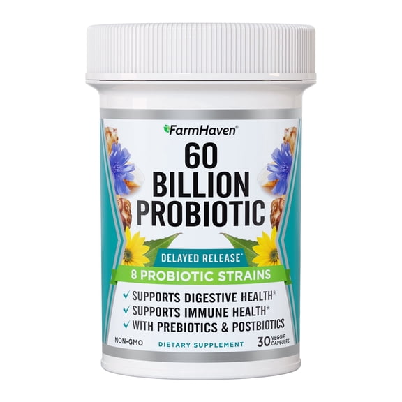 FarmHaven 60 Billion CFU Probiotic - 8 Probiotic Strains - Prebiotics & Postbiotics - Supports Digestive & Immune Health - Delayed Release - Shelf Stable - Non-GMO, Gluten Free - 30 Caps