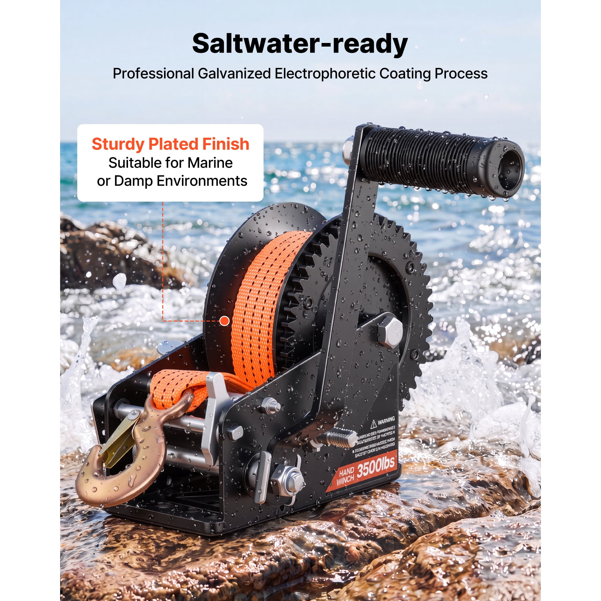 KFFKFF 3500 lbs Manual Boat Winch with 20ft Orange Polyester Strap, Two-Way Ratchet, 2-Speed Switch, and Anti-Slip Handle for Trailer and ATV Towing