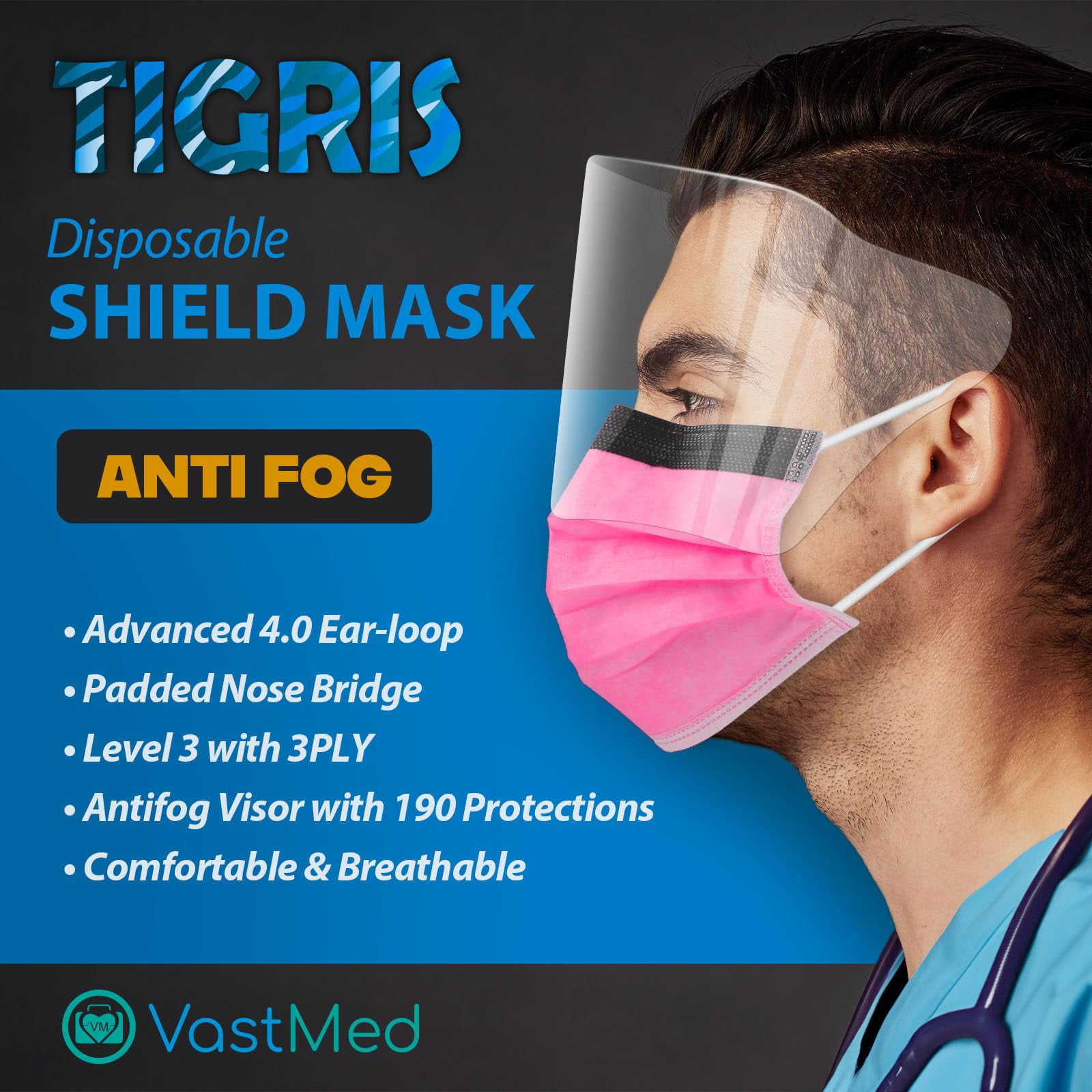 Disposable Face Mask with Shield, 3-Ply, Pink, 250 Count