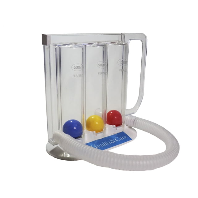 inspirometro espirometro incentivo ejercitador de pulmones Health & Care by LC transparente: vista frontal centrada del ejercitador respiratorio de tres cámaras con bolas azul, amarilla y roja, asa lateral y tubo corrugado con boquilla, para practicar inhalaciones profundas y ayudar a recuperar la capacidad pulmonar; también suele usarse en ejercicios respiratorios ambulatorios.