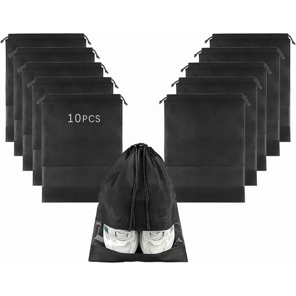 10-Pack Black Non-Woven Shoe Bags, 12.6"x17.3" Breathable Reusable Dustproof Storage Organizers for Travel, Closet, Boots & Seasonal Shoe Protection (10)