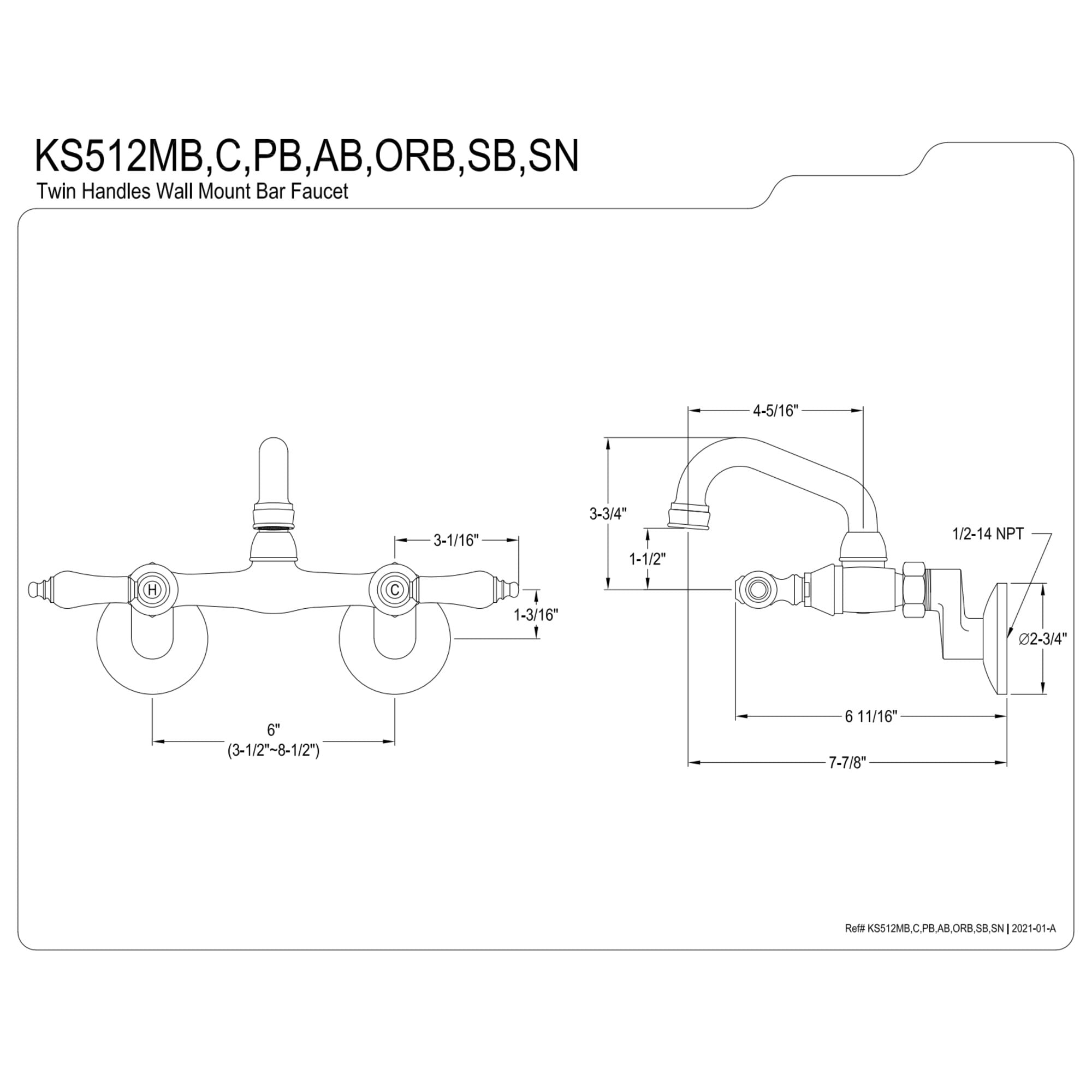 Kingston Brass KS512MB Kingston Two-Handle 2-Hole Wall Mount Bar Faucet in Matte Black
