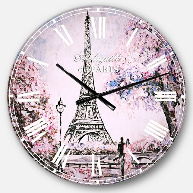 DesignArt Horloge Murale Eiffel avec Fleurs Roses Grande