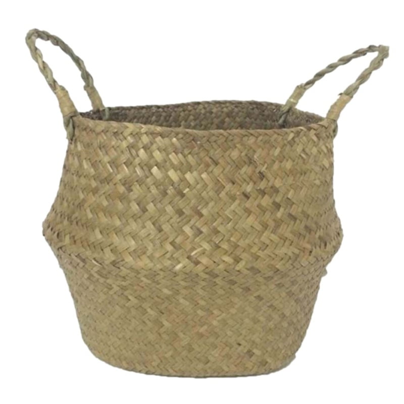 Med Black Natural Seagrass Belly Basket Zig Zag Planter Laundry Basket Tribal 