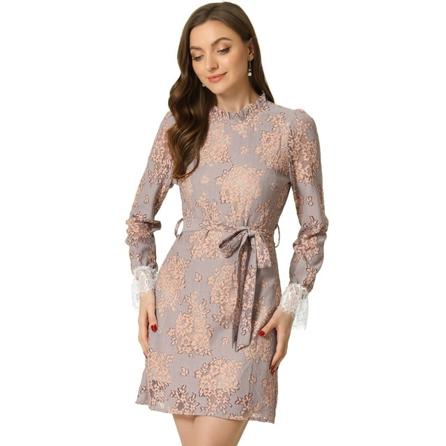 Mini vestido de encaje floral elegante formal Allegra K con cuello redondo y volantes Rosa gris XS