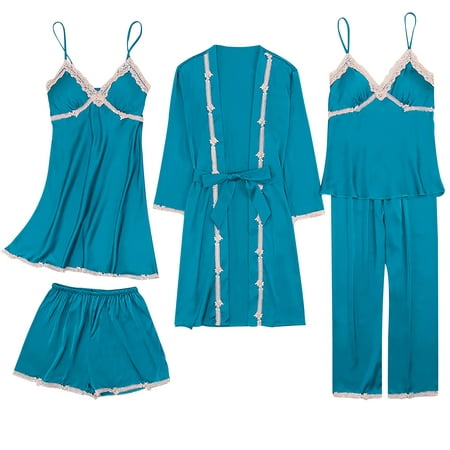 

Women s 5 Piece Sleepwear Solid Floral Lace Trim Satin Cami Pajama Set Silk Nightgown PJs Pajamas Sets with Robe