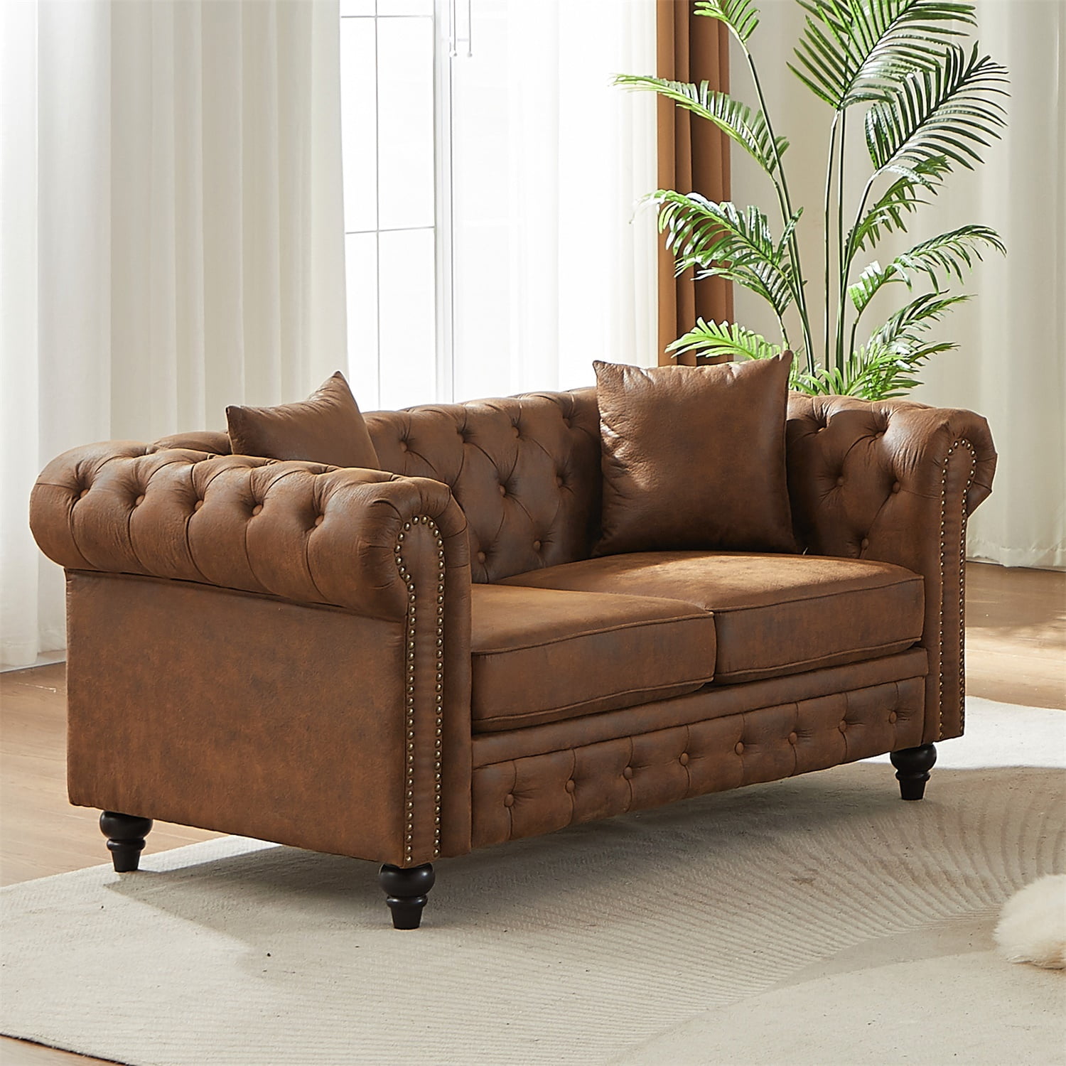 Hommoo 83.5"W Luxury Tech Fabric Chesterfield Loveseat, 2-Seater Sofa Couches with Button Tufted Design &Rolled Arms, Brown