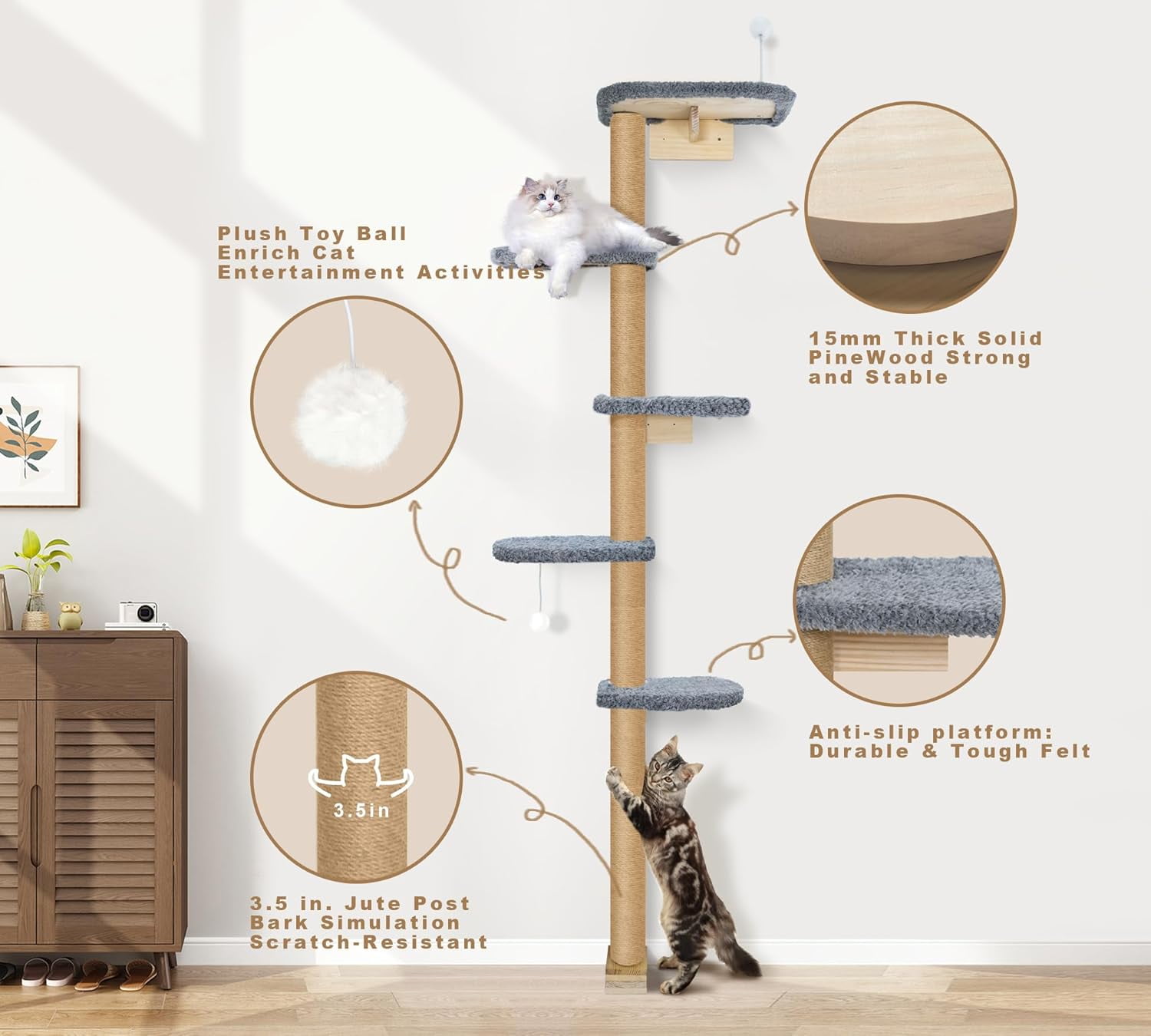 Peluomoz Gray Adjustable Floor to Ceiling Cat Tree with Plush Pads, 83 in