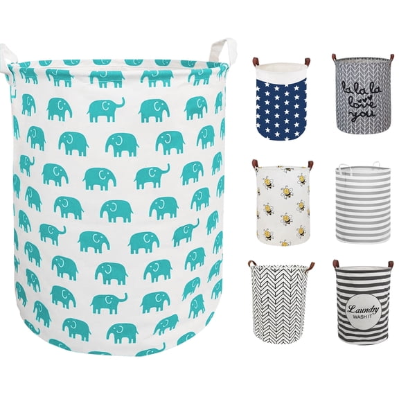 Sortora Large Laundry Basket, Waterproof Canvas Laundry Hamper, Collapsible Storage Basket Bin for Kids Room, Toy Organizer, Nursery Hamper, Clothes Hamper, Green Elephant