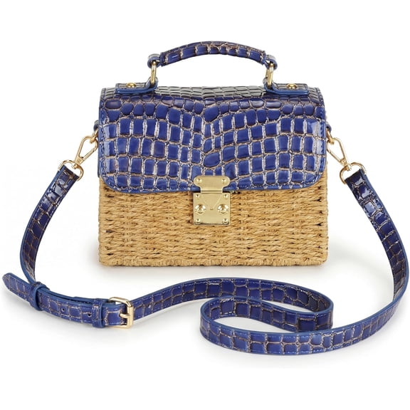 Women's Straw Bag Handmade - Vegan Leather Top-handle Handbags, with Gold and Crocodile Embossed, Summer Purse