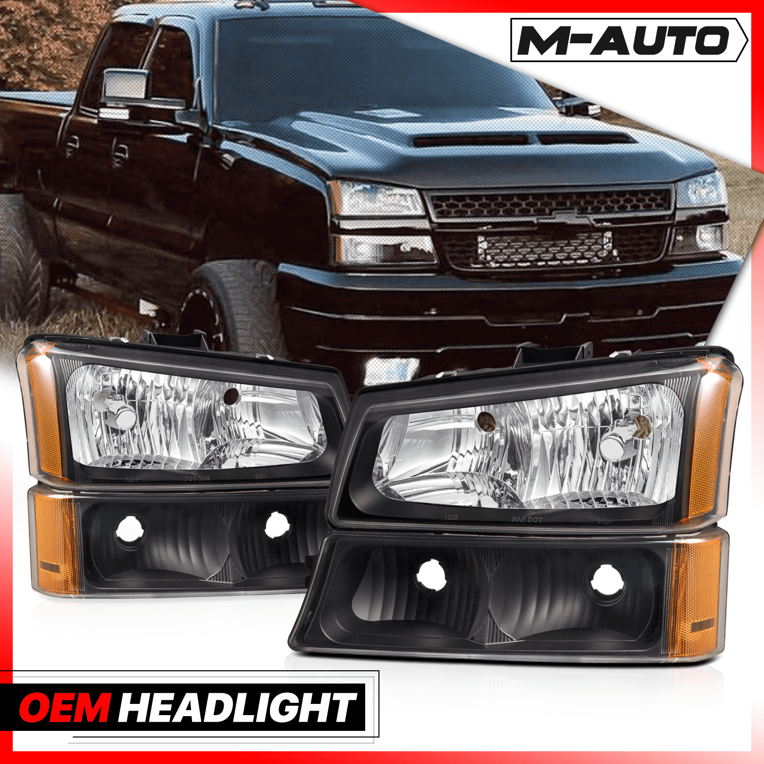 M-AUTO Headlight Assembly Kit for 03 04 Silverado 2500, 03-07 Avalanche 1500 2500, Silverado 1500 1500HD 2500HD 3500 Truck