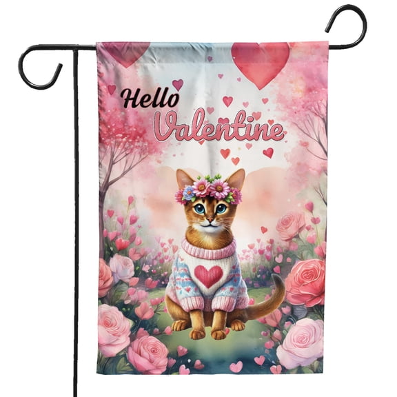 Hello Valentine’s Day Abyssinian Flower Crown Romantic Pink Floral Garden Flag 12x18in Double Sided Cat Lover Kitten Owner Gifts Outdoor Decor - 00031