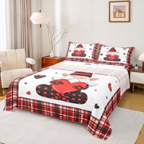 Castle Fairy Female Men Women Cartoon Gnome Love Heart 4pcs Bed Sheets,Happy Valentine's Day King Sheets,Black Red Geometric Plaid Super Cozy Sheet Set,Super Cozy Room Decor