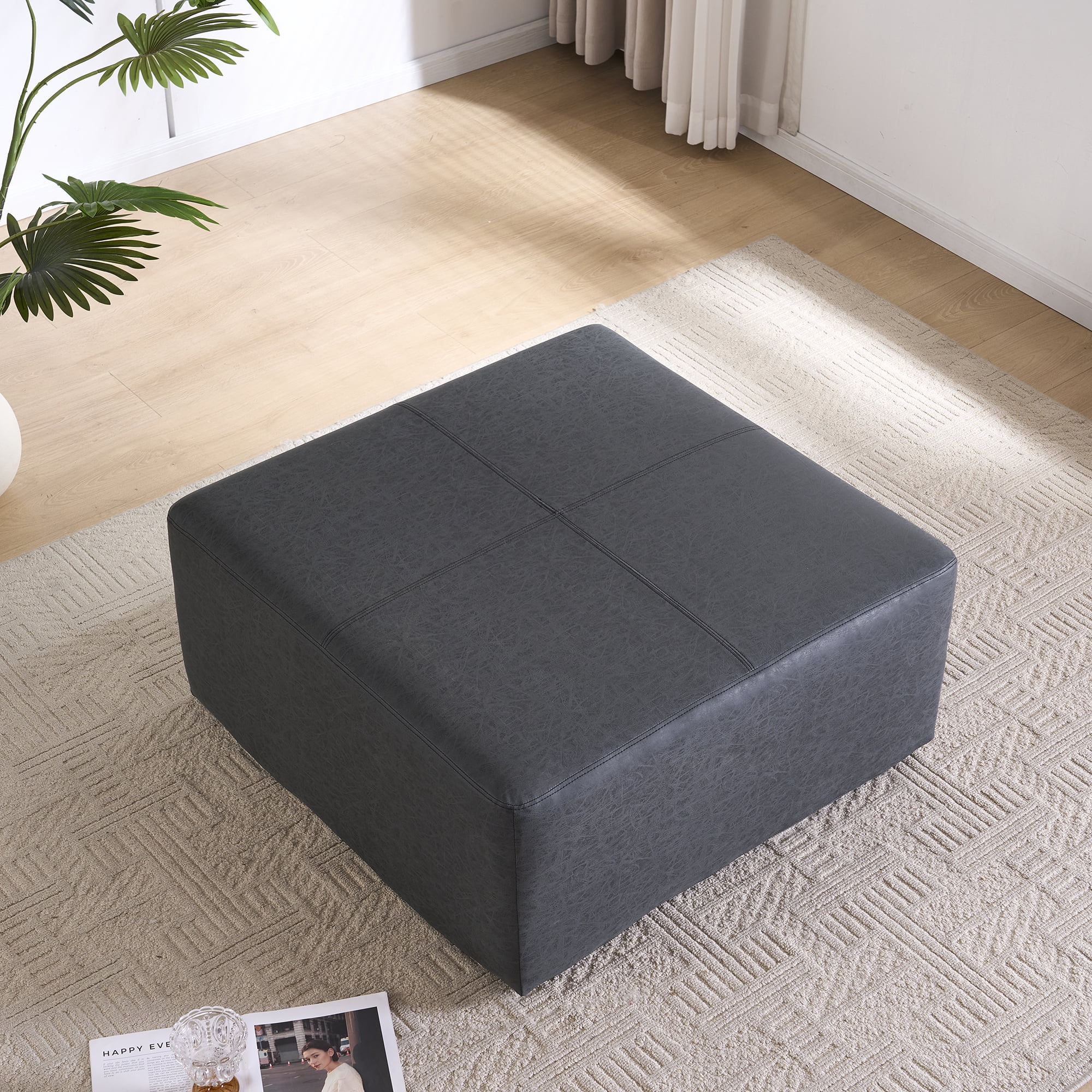 35" Wide Oversized Square Ottoman Coffee Table, Faux Leather Couch Ottoman Large Footstool for Living Room