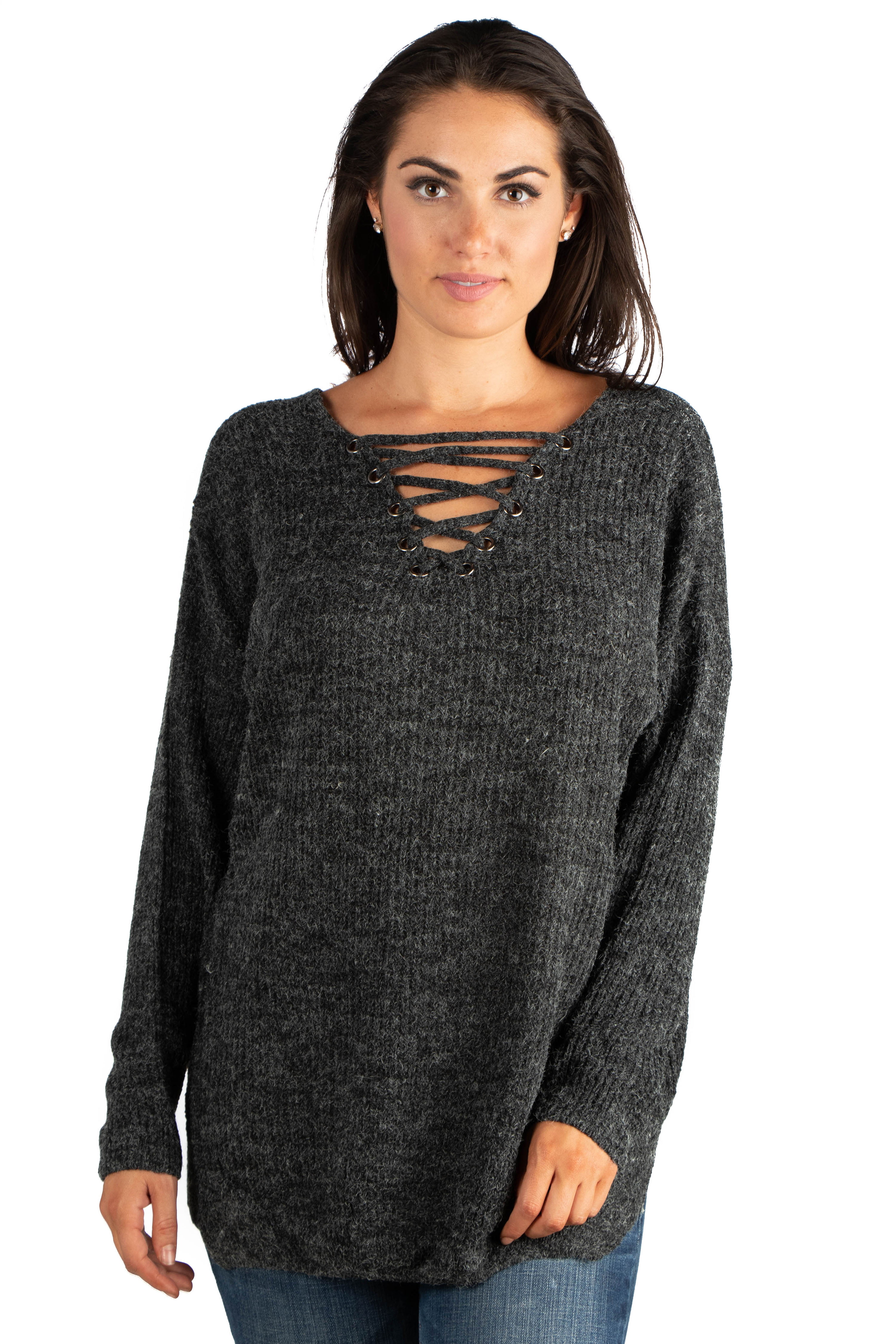 Women's Criss Cross Mock Lace-Up V-neck Sweater Top - Walmart.com