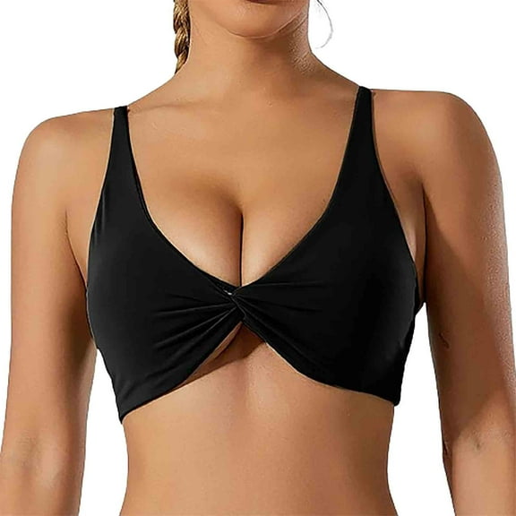 Xfvqtps Sports Bra for Women Deep V Neck Adjustable Spaghetti Strap Padded Fold Breathable Yoga Athletic Exercise Bras Black