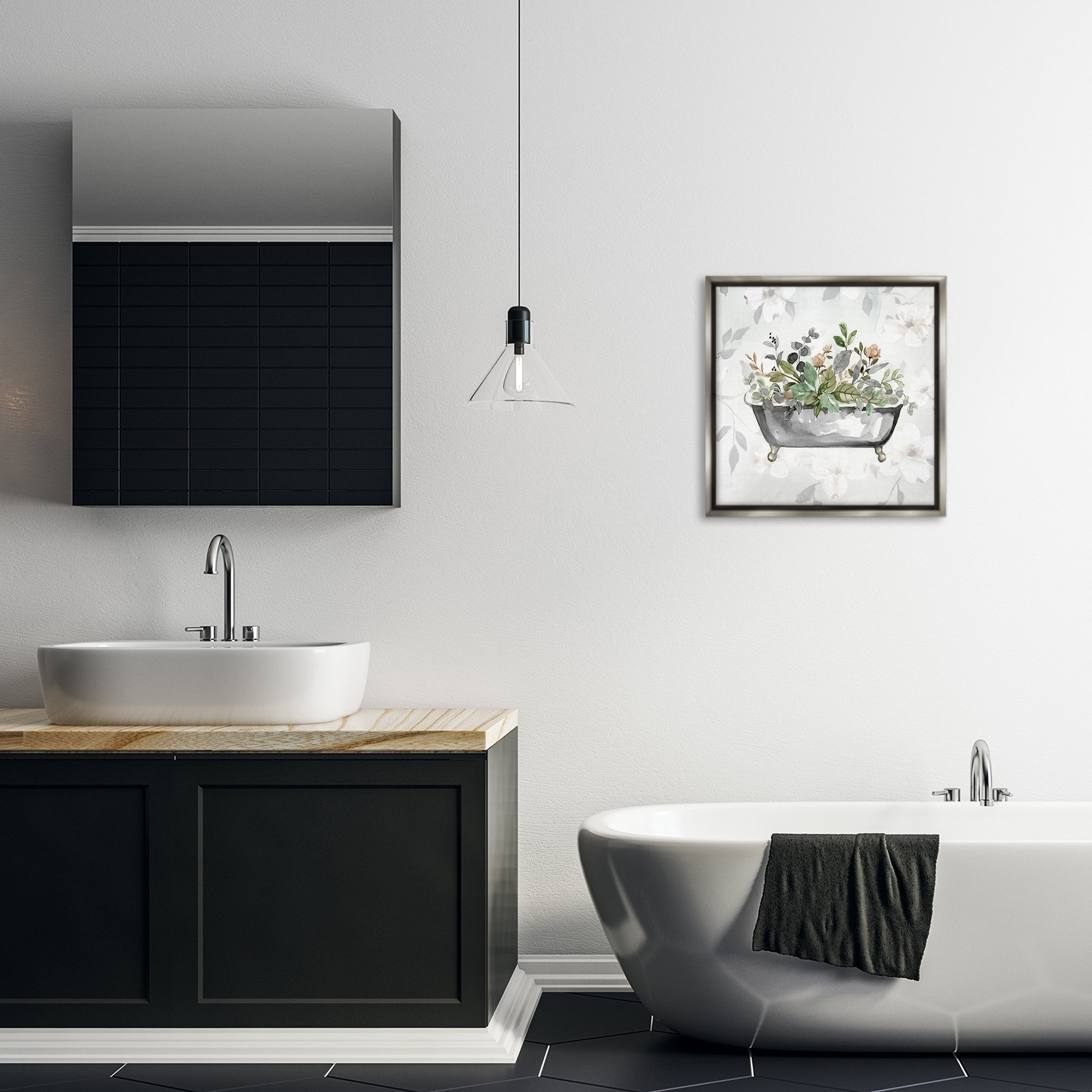 Stupell Industries Leaf Patterned Bath Typography Painting Gray Floater Framed Canvas Art Print Wall Art, 18 x 18