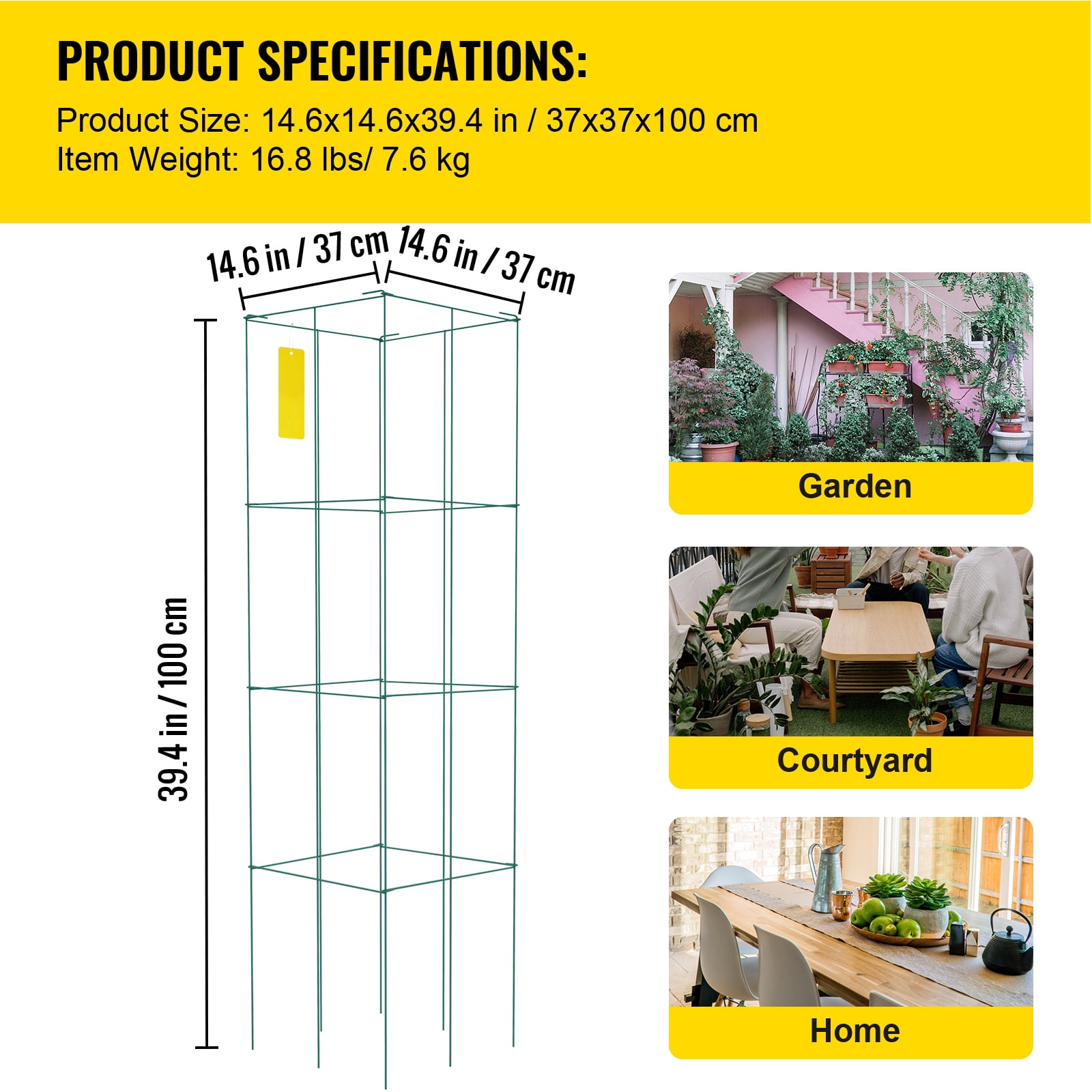 KFFKFF Square Tomato Cages, 14.6" x 14.6" x 39.4", Set of 6 Green PVC-Coated Steel Plant Supports for Vegetables, Flowers, Fruits, and Climbing Plants
