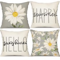 Summer Pillow Covers 18x18 Set of 4 Watercolor Daisy Summer DécorWhite and Grey Outdoor Throw Pillow Covers Hello Sunshine Cushion Case Decoration for Sofa Couch