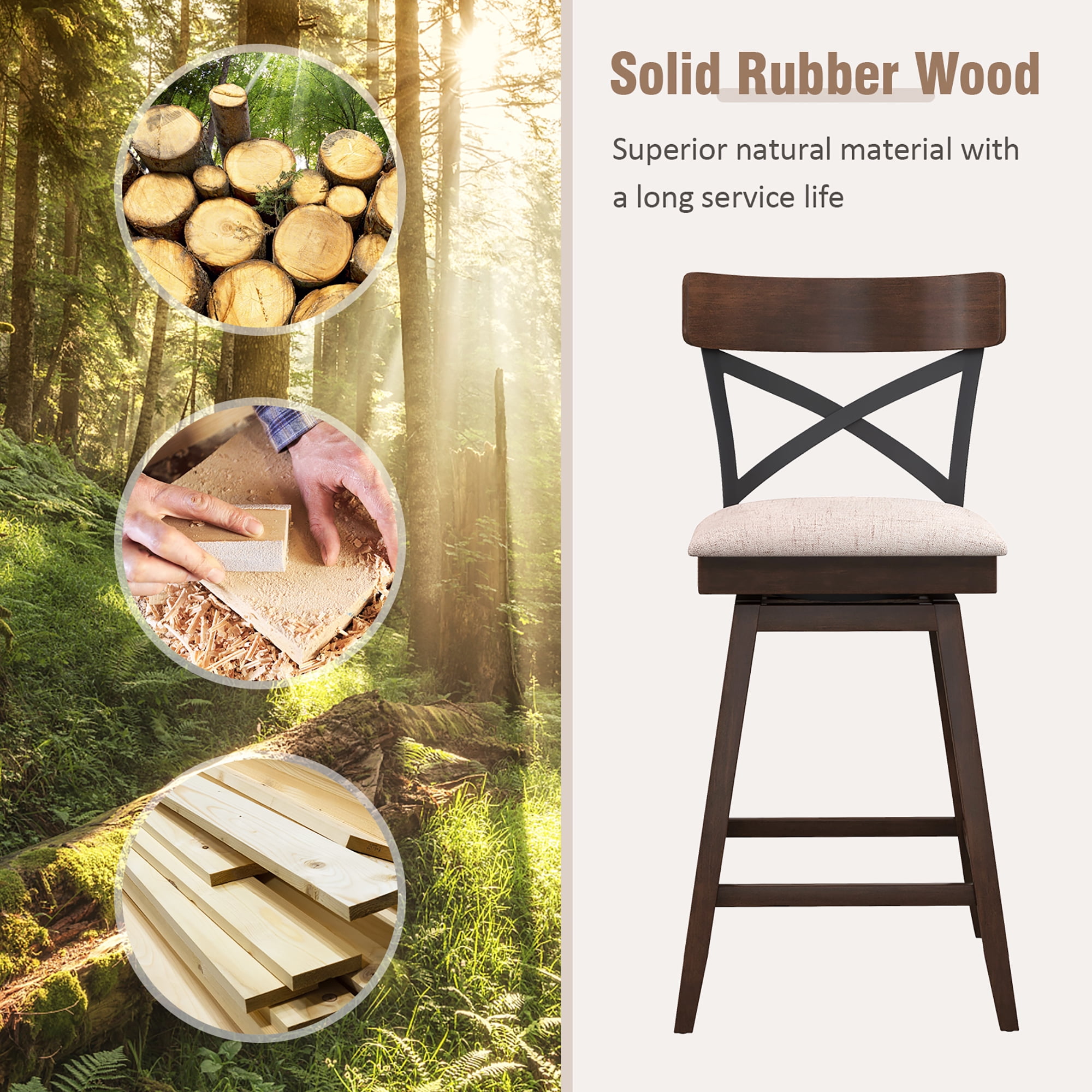 Costway Wooden Swivel Upholstered Counter Height Backrest Bar Stools Brown (Set of 2)