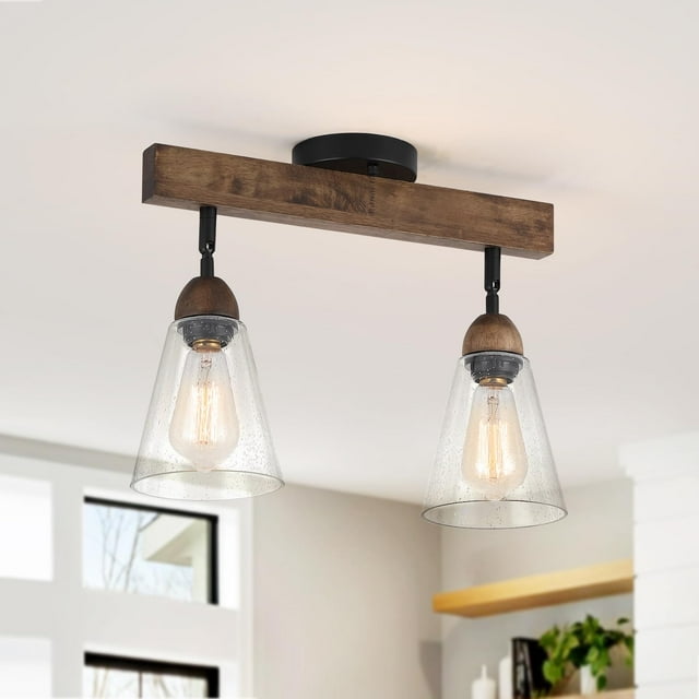 2-Light Rustic Farmhouse Glass Track Flush Mount Ceiling Light Fixture Mini Clear Seeded Glass Shade and Oak Wood Semi Flush Mount Ceiling Light for