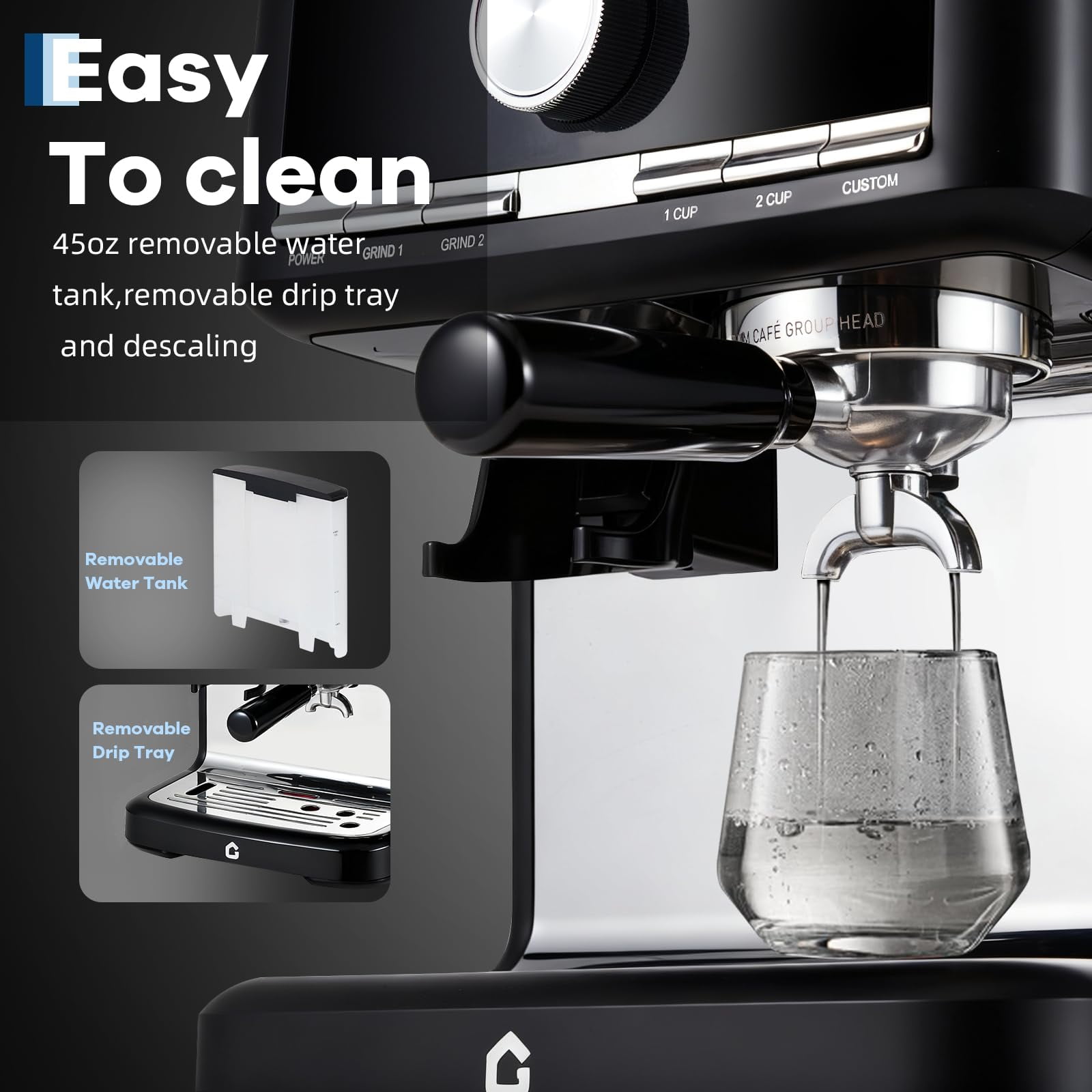 Danolapsi 20 Bar Espresso Machine with Built-in Grinder, Stainless Steel Coffee Maker with Milk Frother Steam Wand, 1.5L Removable Water Tank, Adjustable Shot Volume for Home & Office