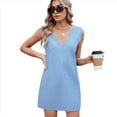 thumbnail image 1 of Vestido Corto Vaquero de Verano para Mujer, Cuello en V, Sin Mangas, Informal, Holgado, de Tirantes Azul XL, 1 of 9