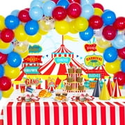 DECORLIFE Carnival Theme Party Decorations, Includes Circus Backdrop, Door Signs, Hats, Photo Props, Balloons, Hanging Swirls, Banners